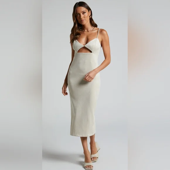 Showpo Suede Spaghetti Strap Cut Out Zip Midi Dress - Picture 8 of 13